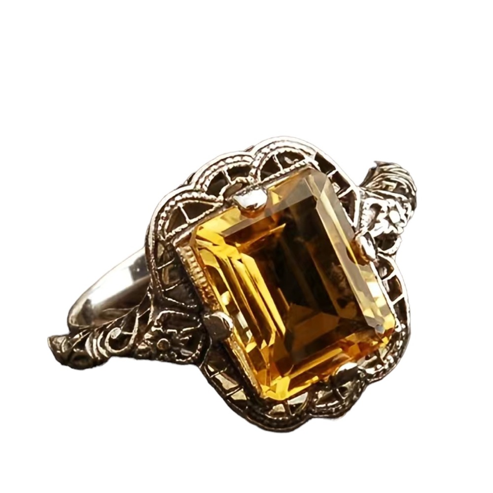 Silver Princess Cut Rich Yellow Gemstone Ring